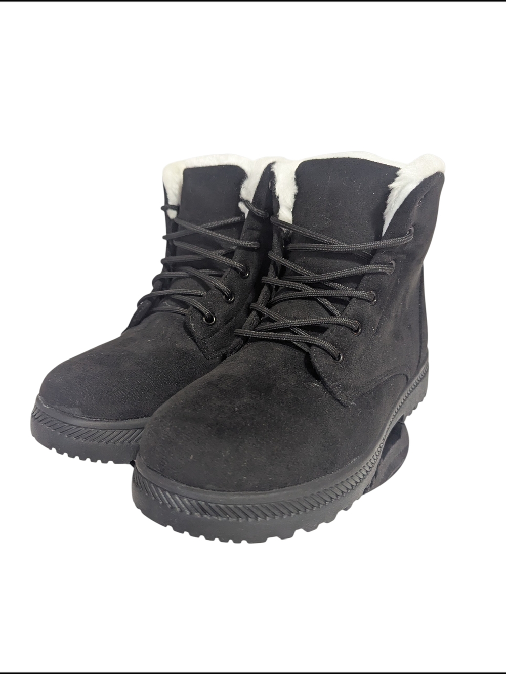 Alicegana - Women's Black Faux-Suede Lace-Up Winter Boots with White Shearling